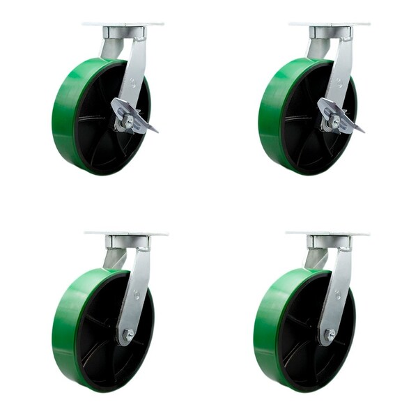 Service Caster 12'' Heavy Duty Green Poly on Cast Iron Caster Set 4 Swivel Locks 2 Brakes, 4PK CRAN-KP92S1230-PUR-GB-SLB-BSL2BSL-2 - main